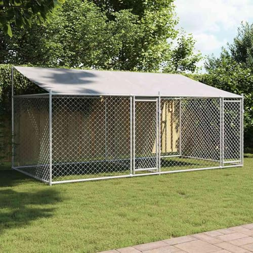 Rantry Hundezwinger mit Dach und Türen Grau 4x2x2 m Verzinkter Stahl Hundehütte Hundebekleidung Model3209563