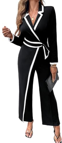 CHICME Wrap Front Jumpsuits for Women Contrast Paneled Long Sleeve Notched Collar Padded Shoulders Casual Jumpsuit Black-XL