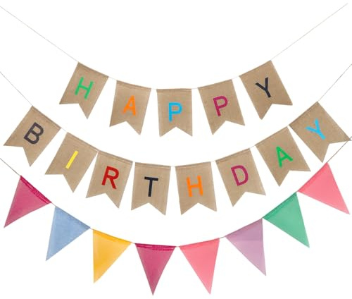 Happy Birthday Girlande, Geburtstag Wimpelkette Bunt, Jute Banner Happy Birthday Vintage Leinen für Geburtstag Party Dekoration