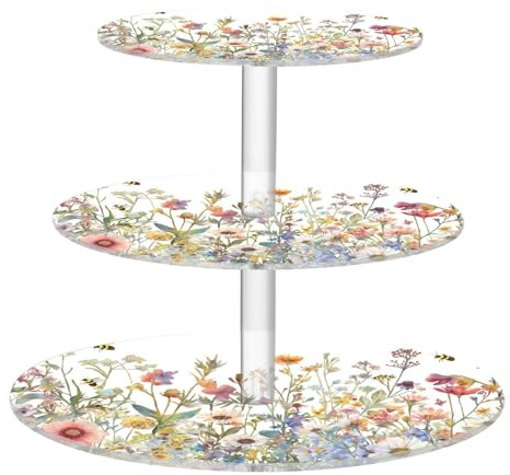 Blueangle 3-Tier Round Cupcake Stand – Herbs and Wild Flowers Acrylic Dessert Tower, Non-Slip Tiered Dessert Stand for Baby Shower, Birthday, Wedding Party （450）