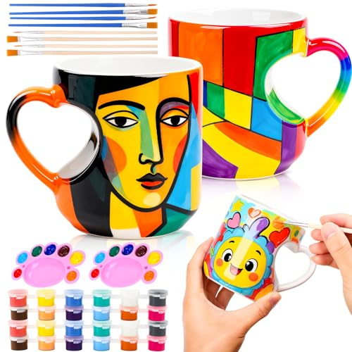 Yaunming Kit de peinture en céramique pour adultes, comprend 2 tasses en céramique, 12 couleurs sans plomb, 8 pinceaux professionnels, pour adultes et enfants