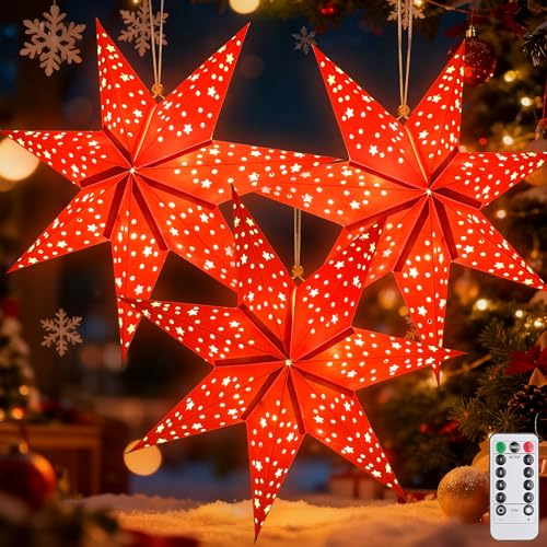 Sunshine smile 3Pcs Papierstern Lampenschirm,45cm LED Papiersterne Zum Aufhängen mit Fernbedienung und Timer,Papierstern mit Beleuchtung 8 Leuchtmodi,Papierstern Beleuchtet zum Aufhängen