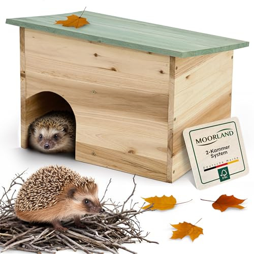 Moorland Igelhaus winterfestes Überwinterungs- & Schlafhaus aus FSC-Holz, 35×27 cm, ohne Boden, belüftetem Labyrinth-Eingang & abnehmbarem Dach – wetterfestes Igelhotel für den Garten – IH4