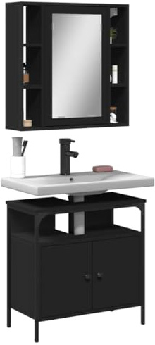 Ziaphsol 2-TLG. Badmöbel-Set Schwarz, Holzwerkstoff, 60x16x60cm Spiegelschrank & 60x30x60cm Waschbeckenunterschrank, Feuchtigkeitsbeständig, Modernes Design für Badezimmer