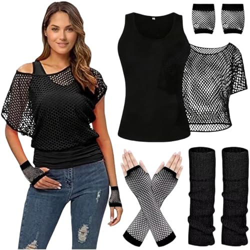 MUNSKT Damen Neon Outfit 80er 90er Jahre Fischnetz T-Shirt Ärmelloses Oberteil mit Handschuhe Beinstulpen Aerobic Kleidung Thema Party Zubehör Halloween Karneval Kostüm