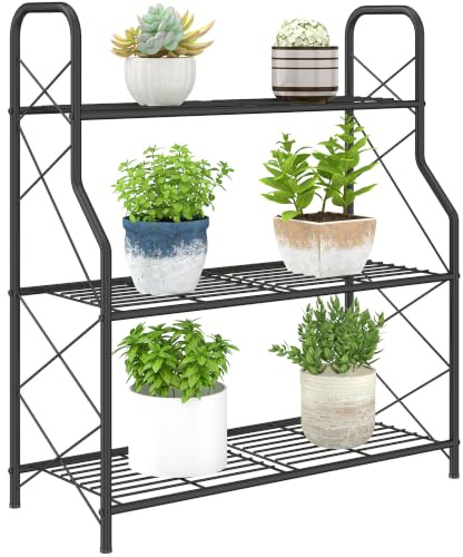 Outsunny Soporte para Plantas de 3 Niveles para Interior y Exterior Negro | Estantería para Plantas de Metal con Patas Ajustables y Asas, Resistente y Estable, para Macetas, Patio, Jardín, Balcón