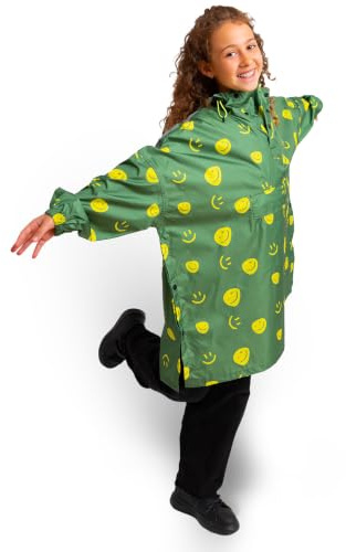Jubi® Poncho de pluie enfant, imperméable, léger, respirant, polyester recyclé (FR/ES, Âge, 9 ans, 12 ans, Taille normale, Vert Sourire)