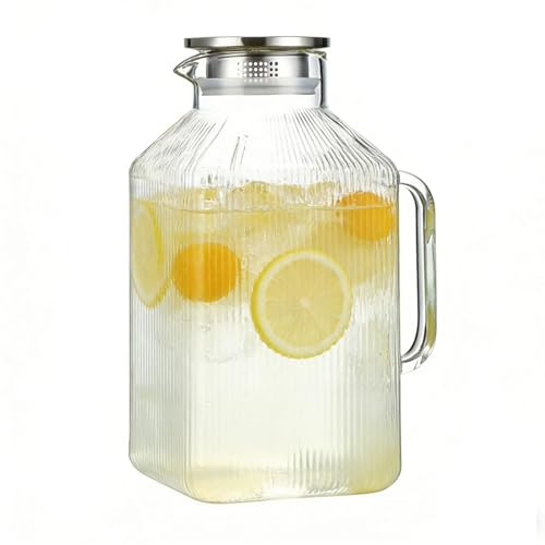 Glass Pitchers With Handle And Lid - 3.8L Large Leakproof Drink Dispenser, Clear Borosilicate Glass Carafe Juice Iced Tea Jug, Airtight Seal Spout Fridge Door Shelf Container, Wide Mouth Easy Pour