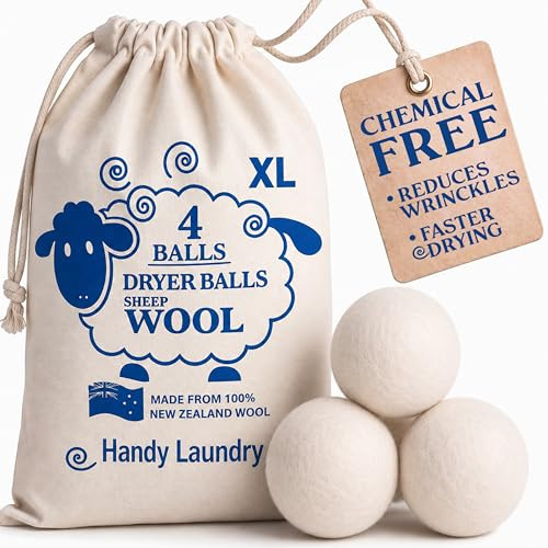 Handy Laundry Wool Dryer Balls - Natural Fabric Softener, Reusable, Reduces Clothing Wrinkles and Saves Drying Time, Better Alternative to Plastic Balls and Liquid Softener (Pack of 4)