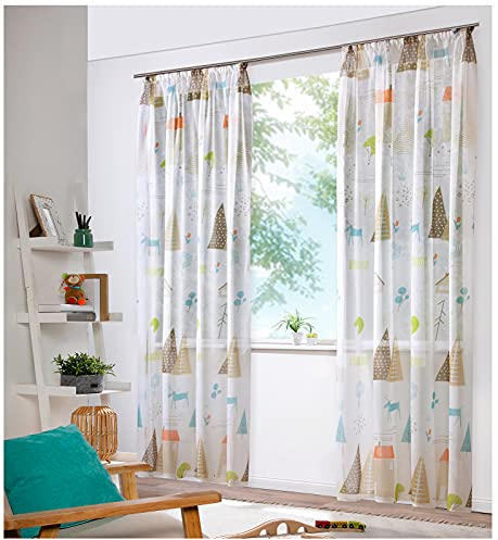 heimtexland ® Vorhang Kindergardine Skandi Leinen Optik Natur Bunt Deko Gardine Kinderzimmer Transparent Typ755 Bandschal HxB 245x135 cm