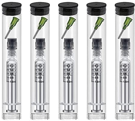 1ml Reusable Glass Syringe-Luer lock metal Plunger & 14 Gauge-1/2 tips needles metal liquid syringe with plastic tubes 5 Pack