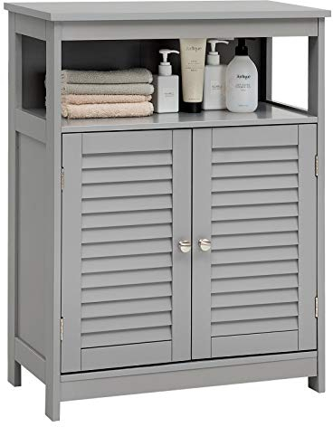 GIANTEX Badezimmerschrank Badschrank, Aufbewahrungsschrank Regal aus Holz, Badkommode mit höhenverstellbarem Einlegeboden, Sideboard mit 2 Jalousie Türen, Beistellschrank für Bad, Küche (grau)