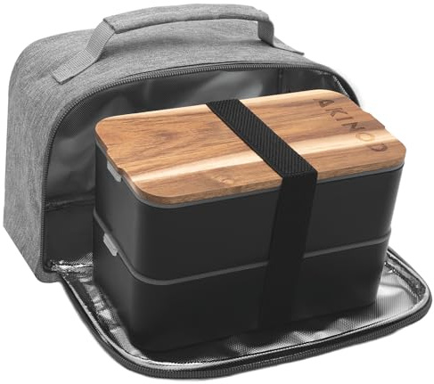 Akinod - Bento Box + Lunch Bag Isotherm 11H58 - Bento Wasserdicht, Doppeltes Fach, schwarz - Tasche mit Verstärktem Griff, grau - Spülmaschinenfest, Gefrierschrankfest, Mikrowellenfest - 1,4 L