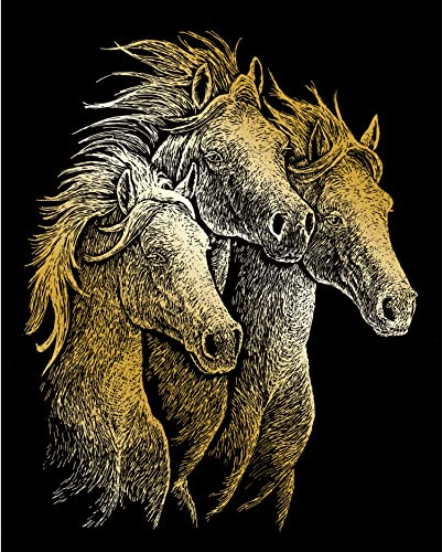 Pracht Creatives Hobby Royal & Langnickel - Image à gratter Chevaux, Or, Images à gratter pour Enfants et Adultes, avec Stylo à gratter et modèle
