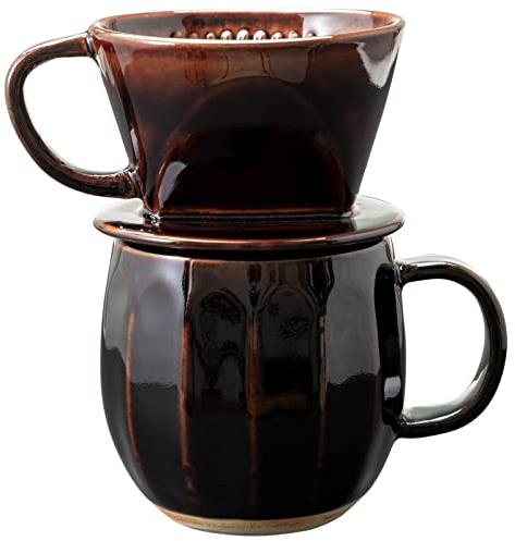 Asayu Japan Ceramic Coffee Pour Over Maker Dripper and Mug Set in Chocolate Brown, Slow Brewing Paper Filter Holder with 3 Holes for Hot Coffee and Tea - Complete 2PCS Set Made In Japan