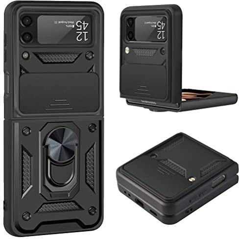 DESSEN Cover per Samsung Galaxy Z Flip 3 5G, Custodia Morbida in Silicone TPU/PC e Obiettivo Case, Antiurto Guscio con Magnetico Anello Rotante Supporto Bumper. Nero