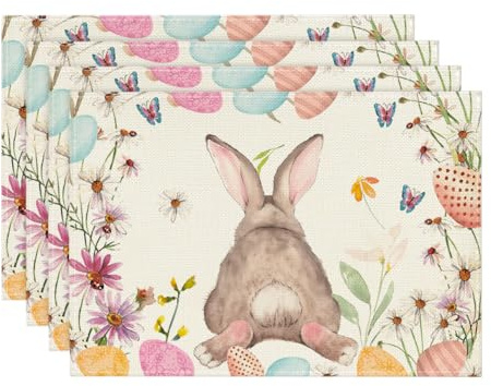 Artoid Mode Blumen Hase Osterei Ostern 4er Set Platzsets, Saisonal Frühling Küche Tisch Dekoration Drinnen Urlaub Party Dekor 30x45cm