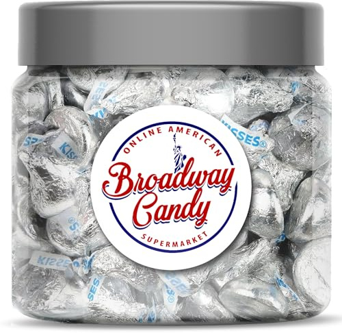 Broadway Candy Kisses Original - Tarro de caramelos (600 g), envueltos individualmente, chocolates de tamaño bocado en plata, aproximadamente 120 unidades