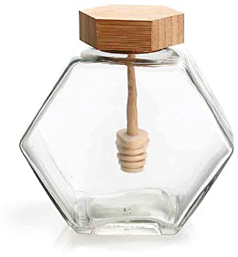 ROFRA Crystal Shaped Glass Honey Jar, 380ml/12.8oz Honey Jar Clear Thicken Glass Hexagon Shape Honey Pot Jar Container, with Wooden Dipper and Cork Lid for Home Kitchen Restaurant (220ML)