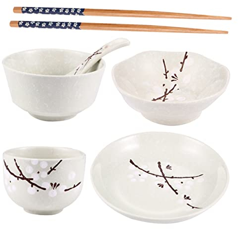KICHOUSE Japanese Tableware Set for Single - 6-Piece Household Dinnerware Including Bowl Plate Cup Spoon and Chopsticks with Eco-Friendly Floral Design Practical 7.28In Tableware for Home Dining