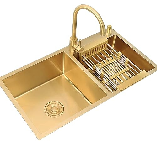 Doble Seno Dorado Fregadero De Cocina Modern Empotrado De Acero Inoxidable, 75x40x22 cm, 2 Holes, Incluye Accesorios