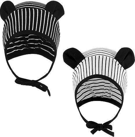 LACOFIA Baby Jungen Mädchen Mütze Kleinkind Weiche Baumwolle Beanie Hut Baby Earflap Winddicht Bär Mütze 2 Stücke Schwarzer Streifen+Weißer Streifen 9-24 Monate M