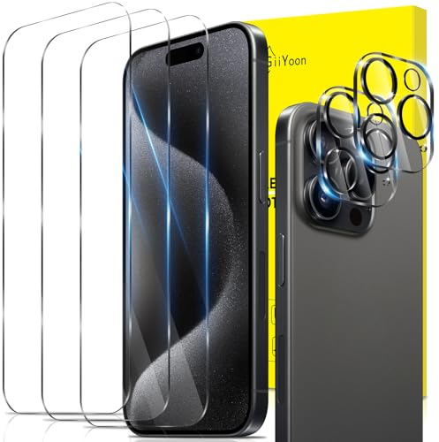GiiYoon 3 + 2 Pezzi Pellicola Vetro Temperato per iPhone 15 Pro Max, 3 Pezzi Protezione Schermo + 2 Pezzi Pezzi Protezione Fotocamera, Durezza 9H, Anti graffio, Senza Bolle, Alta Definizione