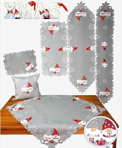 Raebel OHG Tischläufer Mitteldecke Kissenhülle Tischset Weihnachten hell grau Bestickt mit Wichtelmännchen (25 x 160 cm Tischband)