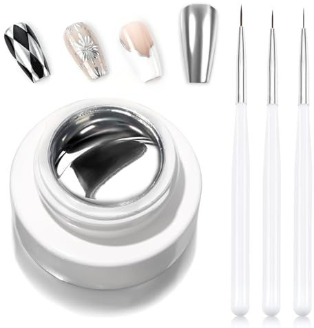 Erinde Silver Metallic Nail Polish Gel, Mirror Effect Nagellack Gel Set, 3D Gorgeous Long lasting Nagelgel, Quick Dry Silberner Painting Gel, Nail Liner Painting DIY, Nail Glitter mit 3 Pinsel