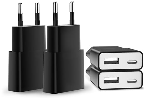 5W USB Ladegerät, 5V 1A 2 Port USB C+ USB A Netzteil Stecker, Slim USB Netzstecker Adapter Steckdose Ladestecker für iPhone, Samsung Handy,MP3, eBook Reader und Mehr (Schwarz-4Pack)