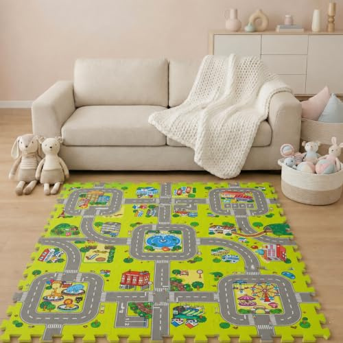 9 Pieces Kids Road Play Mat - 30x30 Foldable Play Rug - Road Mat for Toy Cars