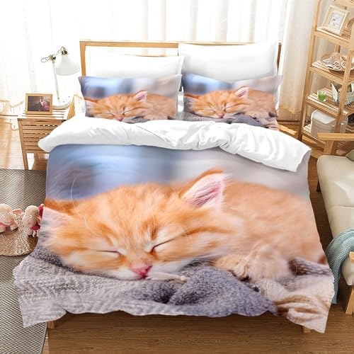 PORJDN Set di biancheria da letto per bambini, con copripiumino e federa da 65 x 65 cm, motivo gattino, set copripiumino 3D per animali domestici (gattino 5, 220 x 240 cm)