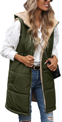 Tuopuda Gilet Donna Lungo in Pile, Smanicato Invernale con Cappuccio, Cappotto Senza Maniche Termico Giubbotto Imbottito Giacca con Cerniera e Tasche, verde militare, L