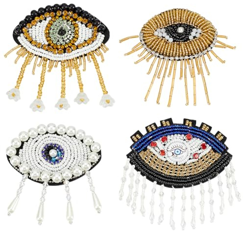 INFUNLY 4 Stück Perlenflicken Mit Bösem Blick Für Kleidung Strass Flicken Mit Quaste Kristall Zum Aufnähen Perlen Applikation Böser Blick Stickflicken DIY Handgefertigte Applikationen Für Kleidung Jac