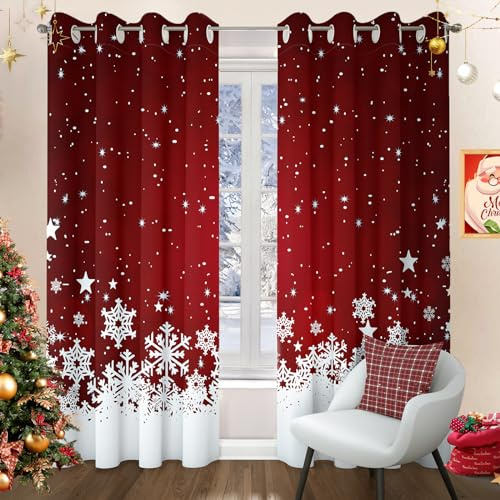 WONGS BEDDING Weihnachten Gardinen Blickdichte Vorhänge Schneeflocken Weihnachtsgardinen Vorhang Thermovorhang mit Ösen für Schlafzimmer Wohnzimmer Verdunklungsvorhang, 140x245 cm (BxH), 2er Set