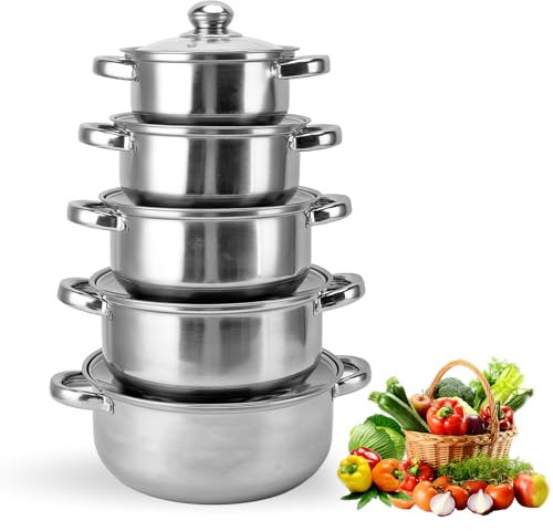 Hominas Set Pentole Induzione Acciaio, Batteria Di Pentola Piccola Di 5 Pezzi Con 5 Coperchi Adatto per Induzione, 16/18/20/22/24 Cm