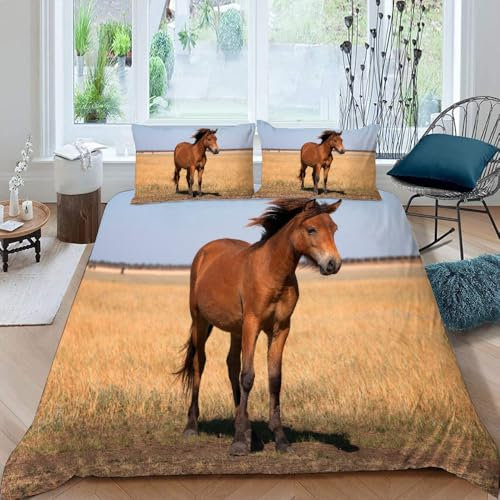DILANI Pferd Bettwäsche-Set 135x200cm Tier 3D-Druck Weiche Mikrofaser 3 Teilig Bettbezüge mit Reißverschluss und 2 Kissenbezüge 80 x 80 cm für Erwachsene Kinder