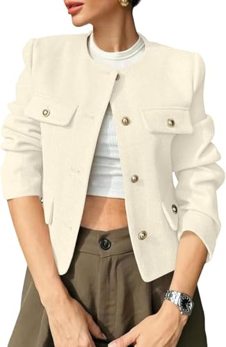Suncadmious Damen Tweed Blazer Kragenlos Knopf mit Taschen Business Casual Lässiger Business Tweed Rundkragen Jacke Büro Blazer (Mandel,L)