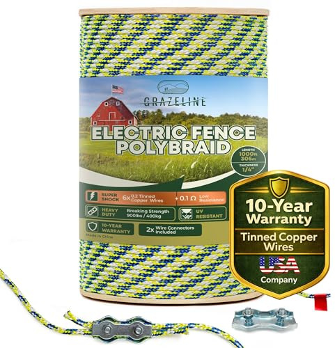 Electric Fence Polybraid 1/4 Rope 1000Ft (305m) - 6 x Tinned Copper Strands for Superior Shock - Heavy Duty Polyrope Braided - Premium Horse Wire Fencing Highly Visible - UV Rust Corrosion Resistant