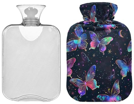 Wärmflasche mit süßem Bezug, 1 l, Neonschmetterlinge, abnehmbar, für Menstruationskrämpfe, Nacken- und Schulterschmerzen