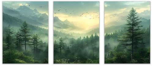 WQBQKKX Grün, Gold 3-teiliges Set Wald Leinwand Bilder Bild, Natürliche Szenerie GemäLde Poster Bild Wandbilder Heimbüro Restaurant Wohnzimmer Schlafzimmer Wanddekoration-50x70cmx3 Ungerahmt