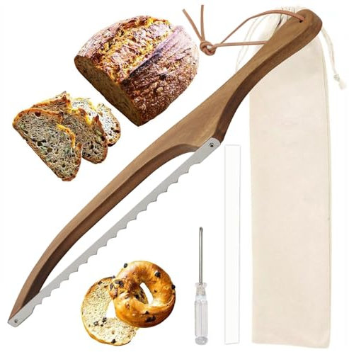 Suzmei Bread Slicer, 15.7x2.4 Inch Stainless Steel Bread Bow Saw with Bamboo Handle for Sourdough, Bagels, Baguettes