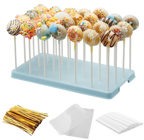 28 Holes Cake Pop Stand and Wrappers Set, Lollipop Hold Stand, Candy Pop Holder with 100 Pcs Cake Pop Sticks, 100 Pcs Treat Bags, 100 Gold Twist Ties (Blue)