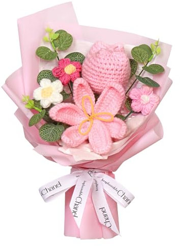 Dremisland Artificial Tulip Crochet Flower Bouquet Handmade Knitted Bouquet Pink Tulips Flower Fake Floral Arrangement Crochet Kits for Mom Birthday Anniversary Wedding Homecoming Gifts