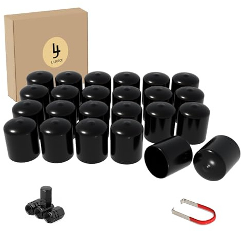 LILJUECE Lug Nut Covers- 24PCS 21-23mm Inner Flexible Fit Anti-Skid Treatment Wheel Lug Nut Cap with Removal Clip and 4 Tire Valve Stem Caps (Black)