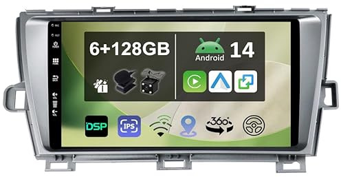 [6+128G] 9 bilradio för Toyota Prius 2009-2015 Android 14 med Wireless Carplay Android Auto DSP Wifi GPS Navi Bluetooth 5.0 FM MirrorLink 360 Kamera-Ingår Backkamera+MIC