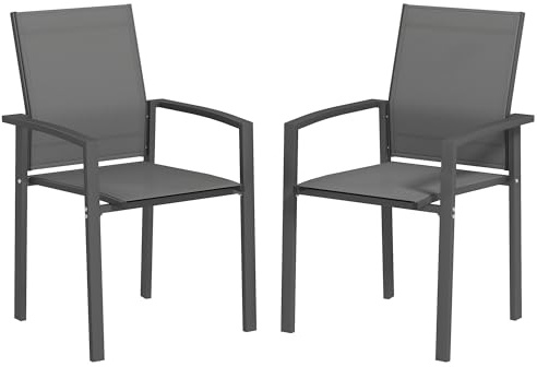 Outsunny Juego de 2 Sillas de Jardín Exterior Sillas Terraza Exterior Apilables Sillones de Comedor con Tela Transpirable Marco de Acero Reposabrazos y Respaldo 56x58x89 cm Gris Oscuro