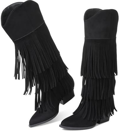 Grakihily Cowgirl Boots for Women Retro Pointed Toe Pull On Block Chunky Heel Fringe Country Concert Outfits Knee High Western Suede and Faux Leather Cowboy Boots