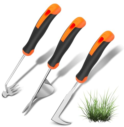 MRFuYtng Upgraded Stainless Steel Hand Weeder Tool with Soft Rubber Grip | Manual Weed Extractor with Root Removal Function 4-Tine Slot Weeder for Crevices Garden Weeding Master Kit (3-Pack)