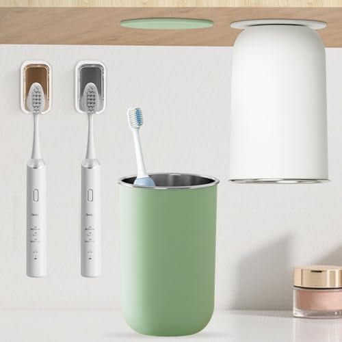 Edelstahl Zahnputzbecher 350ml (304 Edelstahl)(1 Weiß + 1 Grün)+Zahnbürstenhalter Wandmontage(1 Grau + 1 Orange), Magnetischer Mundspülbecher mit modernem Design (2 Becher + 2 Zahnbürstenhalter)